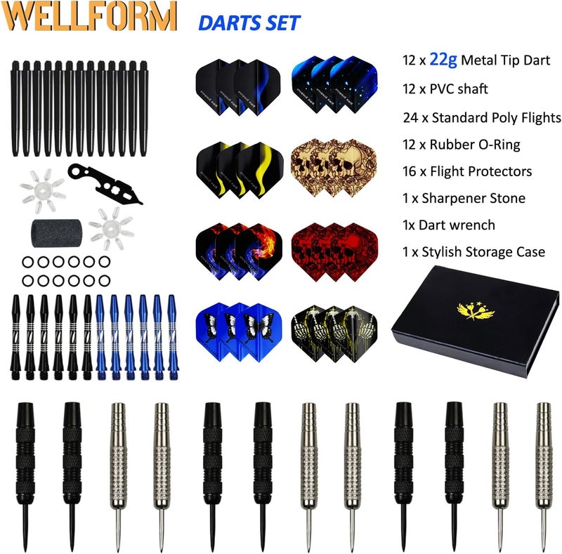 WELLFORM Darts Metal Tip Set，12 Pack 22 Gram with Nonslip Iron Barrel, Darts Steel Tip Set Professional,with 12 Aluminum Dart Shafts, 24 Extra Flights, Dart Sharpener, Dart Wrench, Stylish Gift Box - Image 3